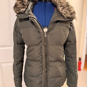 Women's Olive Puffer Jacket with Faux Fur Hood